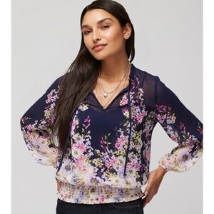 WHBM Long-Sleeve Smocked Waist Floral Remix Navy Blouse L EUC